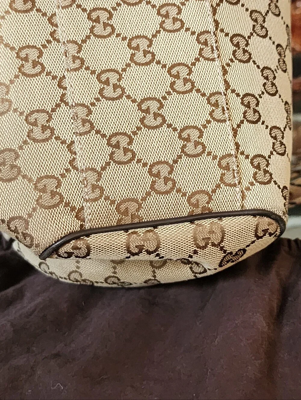 Gucci Beige GG Canvas Shoulder Bag with Brown Trim